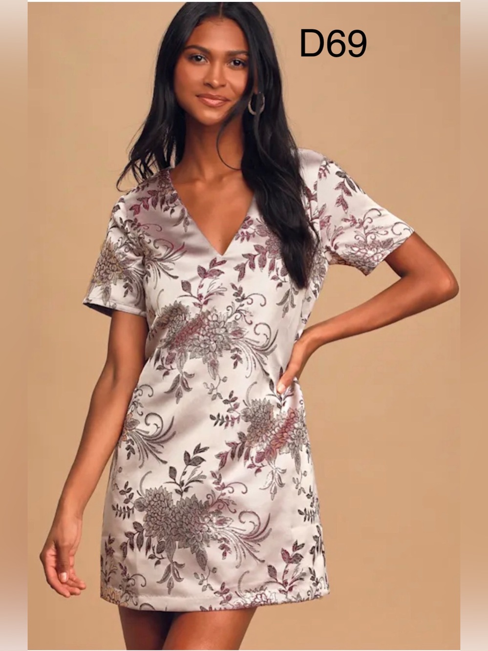 Lulu's Cream Satin Floral Mini Dress with Gol Accents, Size XS